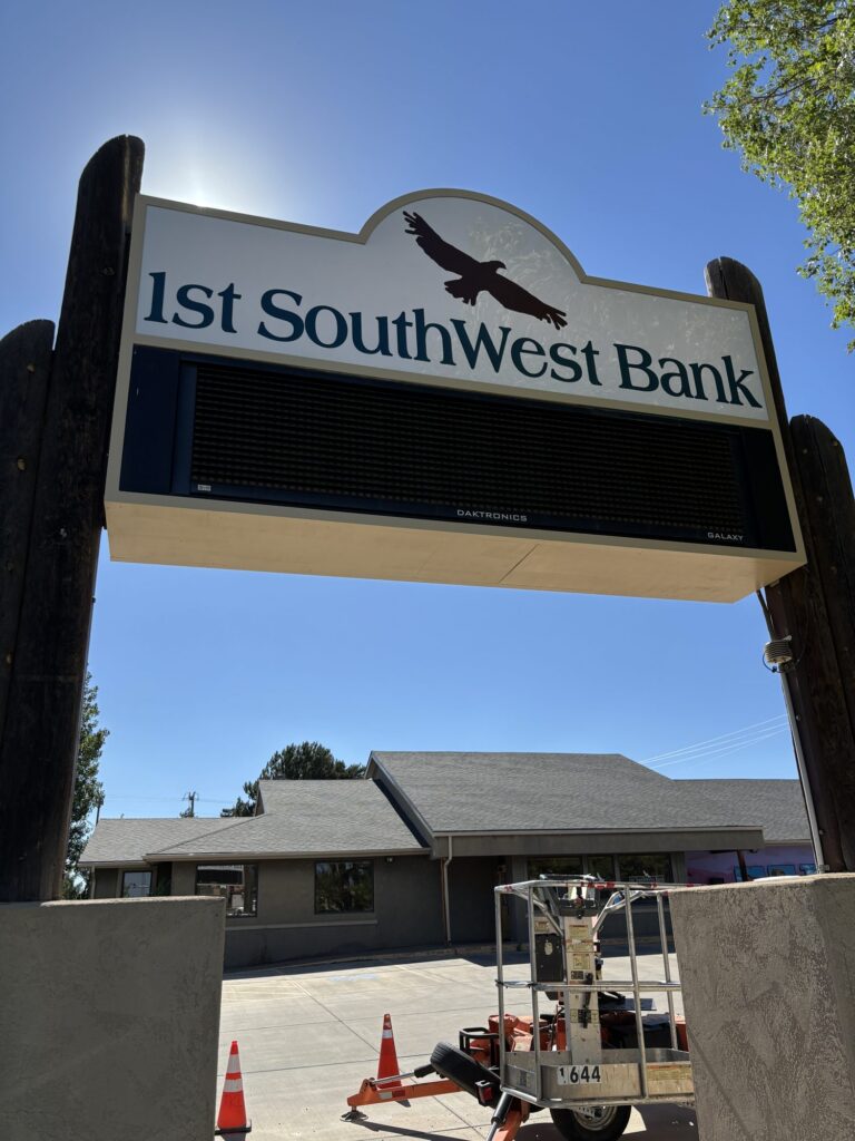 1st SouthWest Bank freestanding sign with electronic message center