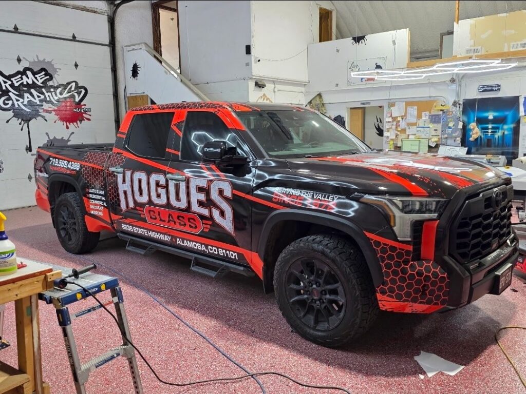 Full vehicle wrap on a Toyota Tundra for Hogue's Glass in Alamosa, CO