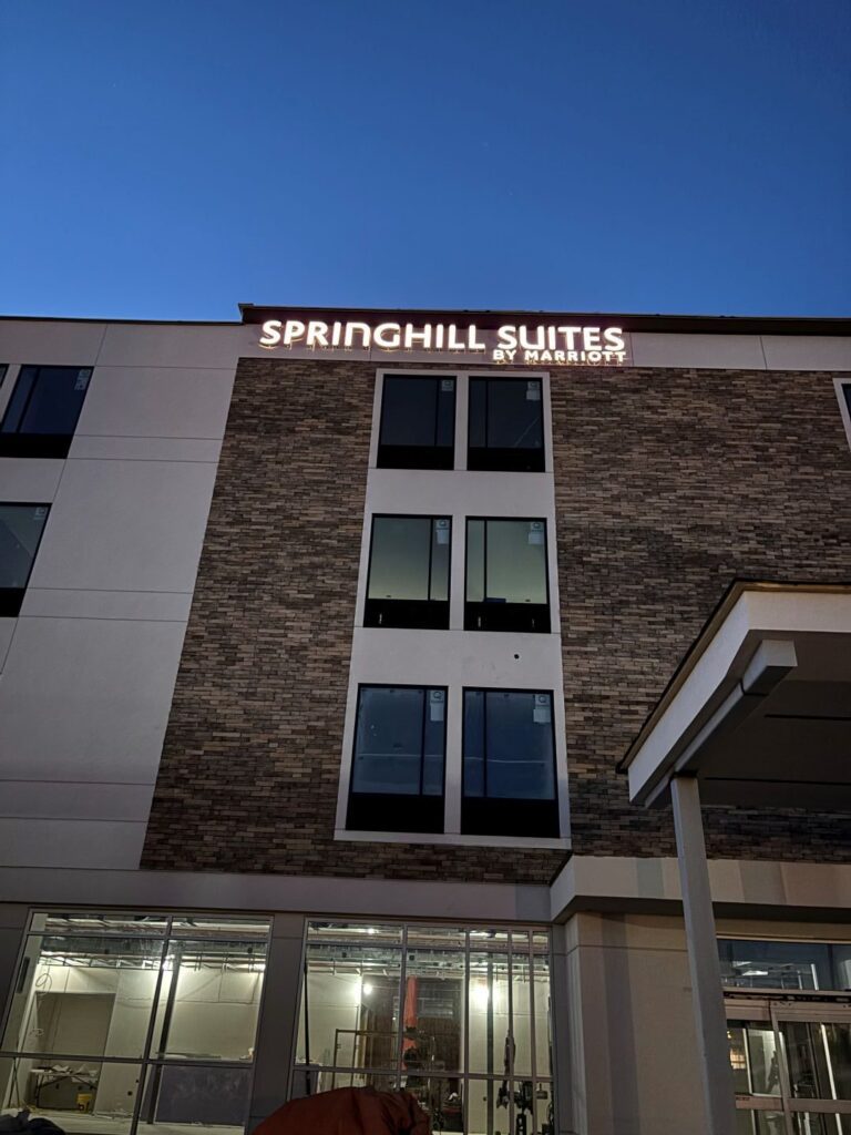 Illuminated SpringHill Suites by Marriott channel letter signs on the hotel facade